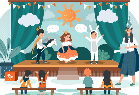 Children theater play, kids in costumes on stage, people vector illustration