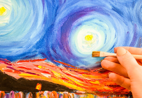 Painting brush, hand and oil canvas, artist's hand, Acrylic and Full spectrum on Cardboard, Van Gogh The Starry Night