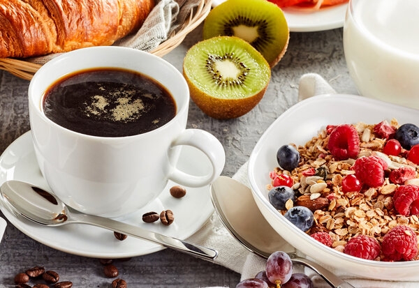 Huge healthy breakfast spread on a table