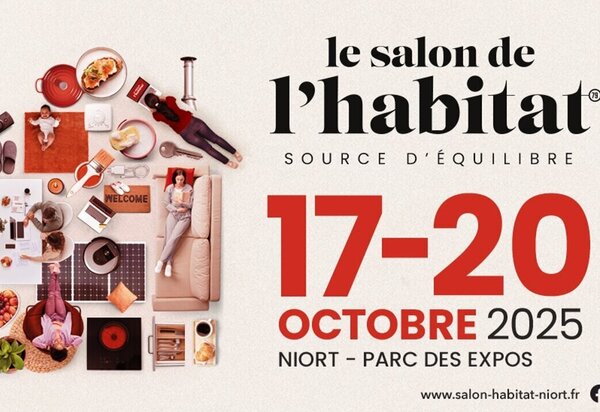 Affiche du Salon de l'Habitat 79 – objets du quotidien (mobilier, électroménager, plantes) agencés en forme de maison, slogan « Source d'équilibre »