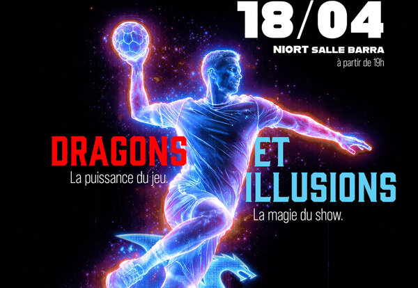 Affiche du NHBS : joueur de handball stylisé aux couleurs néon avec un dragon, soirée du 18 avril à partir de 19h, salle Barra