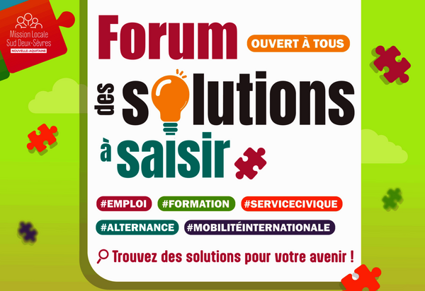 Affiche Mission Locale Sud Deux-Sèvres – ouvert à tous – thèmes : emploi, formation, alternance, service civique, mobilité internationale