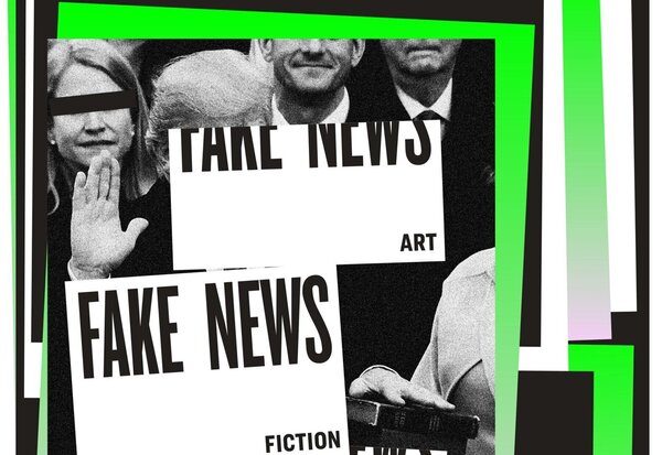 Composition graphique mêlant visages censurés en noir et blanc et typographie « FAKE NEWS » sur fond géométrique vert