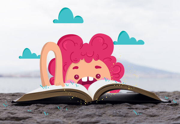 Créature imaginaire aux cheveux roses émergeant joyeusement d'un livre ouvert, entourée de nuages colorés