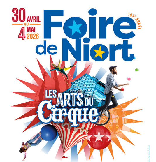 Affiche officielle – 103e édition, au Parc des Expositions de Noron, fête foraine du 30 avril au 10 mai, jongleur sur monocycle
