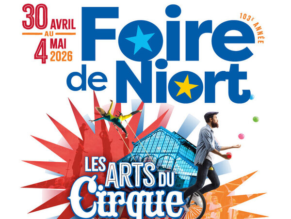 Affiche officielle – 103e édition, au Parc des Expositions de Noron, fête foraine du 30 avril au 10 mai, jongleur sur monocycle