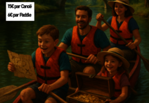 Affiche : 15€/canoë, 6€/paddle, de 14h à 19h, durée environ 1h30, réservation au 06 06 48 62 28