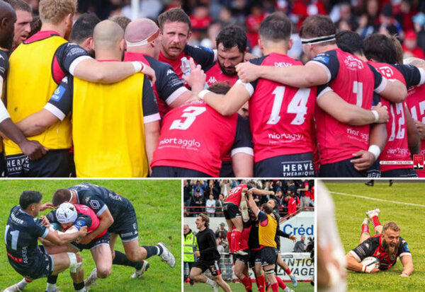 Joueurs du NRC en regroupement collectif, plaquage et touche lors d'un match de Nationale, maillots rouge et noir