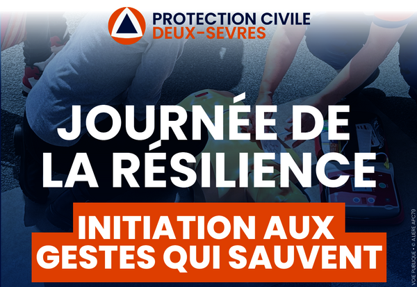 Affiche de la Protection Civile Deux-Sèvres avec secouristes pratiquant des gestes de premiers secours autour d'un défibrillateur
