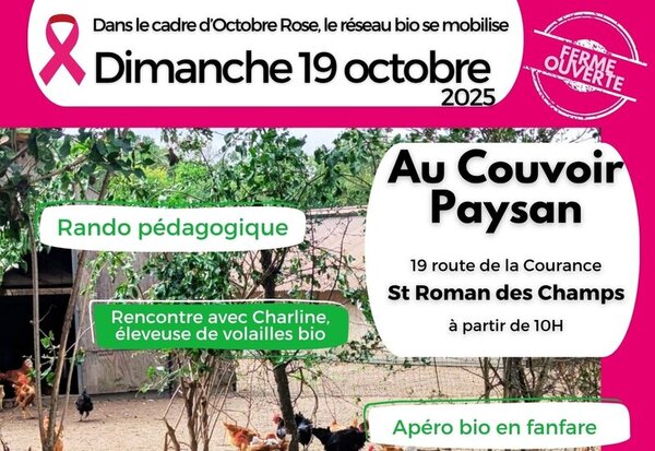 Affiche : rando pédagogique, rencontre avec Charline éleveuse de volailles bio et apéro en fanfare, dès 10h