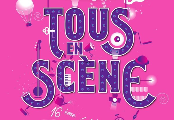 Affiche promotionnelle de la 16ème édition, ornée d'instruments de musique, accessoires de cirque et de théâtre sur fond rose vif