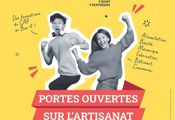 Affiche CMA Formation pour Niort et Parthenay : formations du CAP au Bac+2 en alimentation, beauté, mécanique, bâtiment, commerce