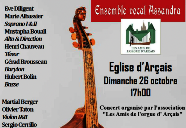 Affiche annonçant un programme Monteverdi à l'église d'Arçais, avec une viole de gambe en premier plan