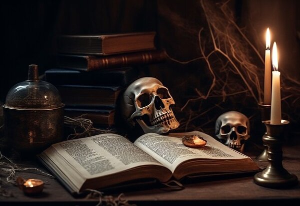 Antique Bible on old table, candle flickers generated by AI