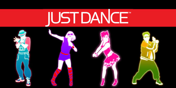Quatre silhouettes de danseurs aux couleurs néon sur fond noir, identité visuelle du jeu vidéo