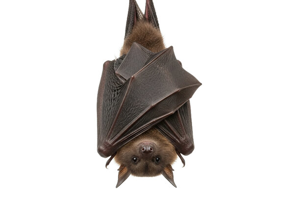 Chauve-souris suspendue la tête en bas, ailes repliées autour du corps, face visible sur fond blanc