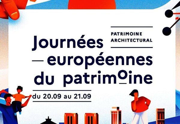 Affiche des JEP 2025, thème Patrimoine architectural, avec représentations stylisées de monuments et de visiteurs