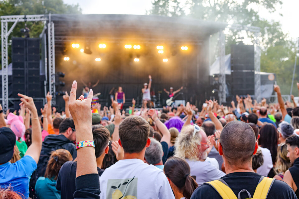 Foule en liesse, bras levés, face à la scène éclairée où des artistes se produisent en concert de plein air