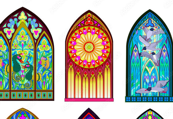 Panneaux en arche gothique aux motifs d'oiseaux, de serpents et de rosaces géométriques sur fond blanc