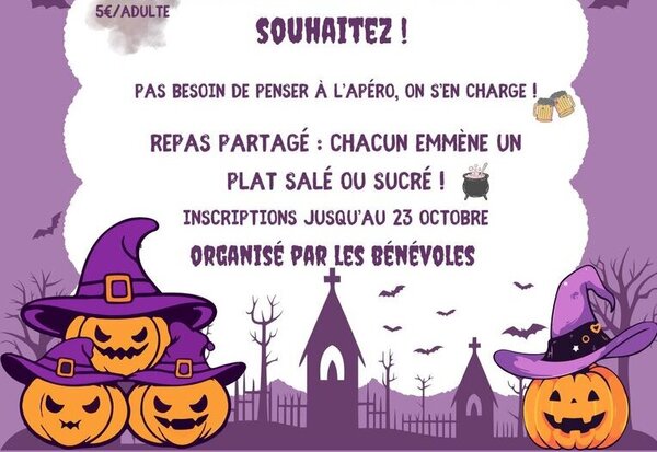 Affiche : soirée à 19h30, entrée 5 € par adulte et 2 € par enfant, déguisement facultatif, organisé par les bénévoles
