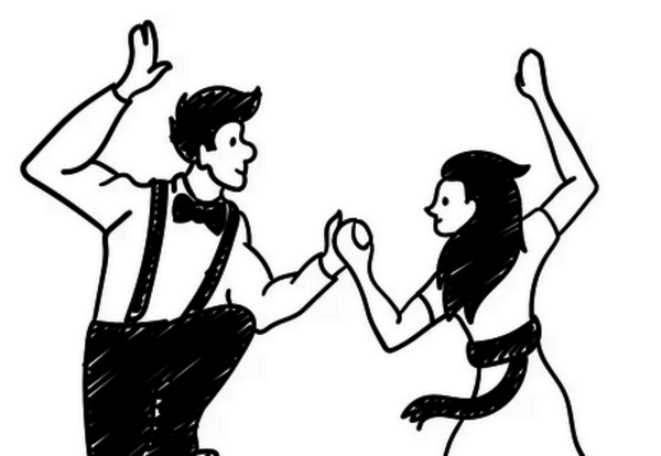 Un homme et une femme, bras levés et mains jointes, tourbillonnent dans une danse animée et festive.
