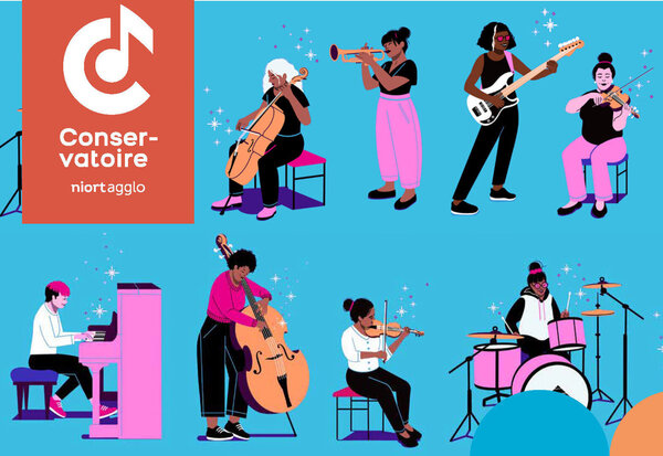Logo du Conservatoire Niort Agglo entouré de musiciens illustrés jouant piano, violoncelle, trompette, guitare, violon, contrebasse et batterie.