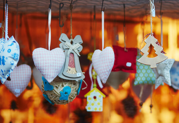 Variety of toys and decorations on traditional Christmas market in Strasbourg
