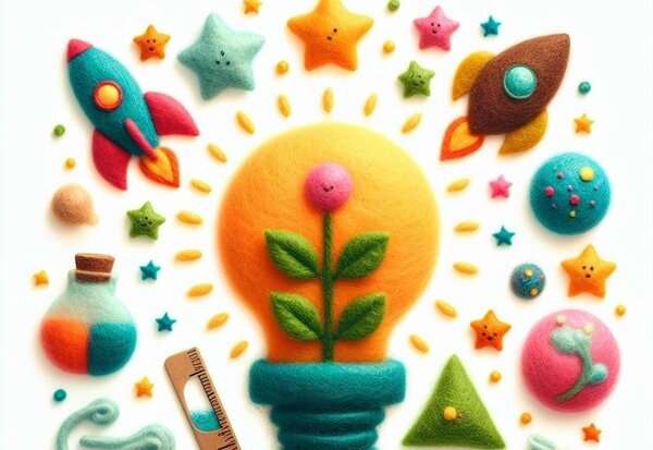 Ampoule en feutrine avec une plante, entourée d'étoiles, fusées et tubes à essai colorés pour enfants