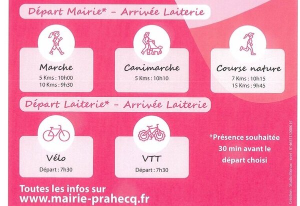 5 activités sportives avec horaires et distances : marche, canimarche, course nature, vélo et VTT