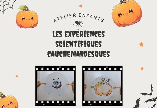 Affiche de l'atelier montrant deux thaumatropes aux motifs Halloween : crâne souriant et citrouille