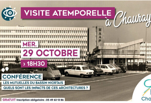 Affiche promotionnelle avec archives noir et blanc du siège social de la MAAF à Chauray, bâtiment à l'architecture moderniste