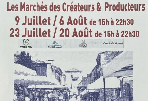 Affiche : marchés à Coulon les 9 et 23 juillet, 6 et 20 août, de 15h à 22h30, avec logos partenaires