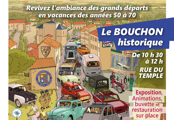 Affiche : bouchon historique le 31 mai 2026 rue du Temple, exposition d'automobiles anciennes Espace Bernard Larcher
