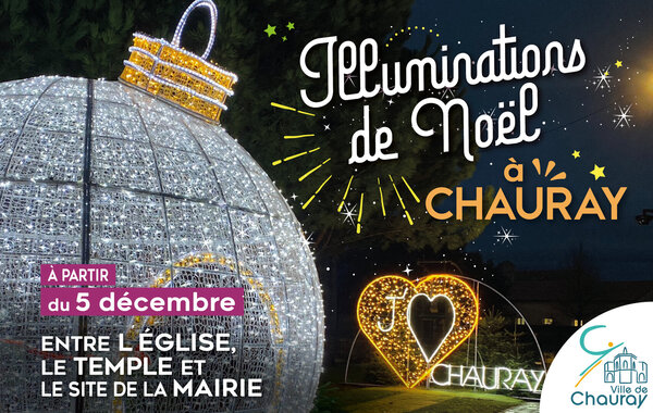 Affiche annonçant l'événement à partir du 5 décembre, avec une boule de Noël lumineuse géante et un cœur en guirlandes scintillantes