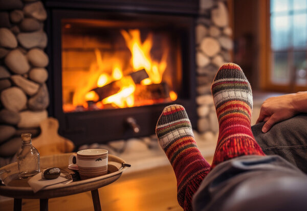 Pieds en chaussettes rayées colorées tendus vers un poêle à bois allumé, tasse chaude posée sur une table basse
