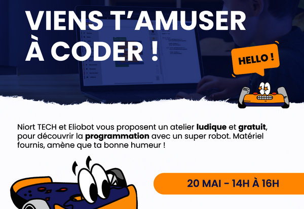 Affiche promotionnelle de l'atelier avec la mascotte Eliobot, robot à roues aux grands yeux expressifs