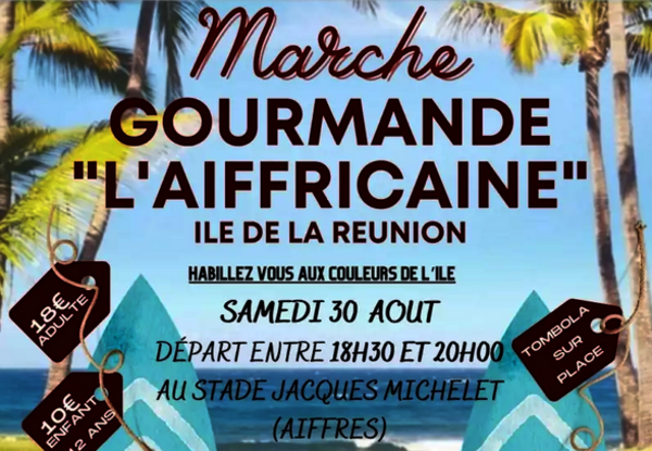 Affiche : départ 18h30-20h00, Stade Jacques Michelet à Aiffres – 18 € adulte, 10 € enfant – tombola sur place