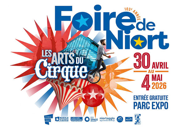 Affiche officielle – Foire de Niort 103e édition au Parc Expo, avec un artiste en monocycle