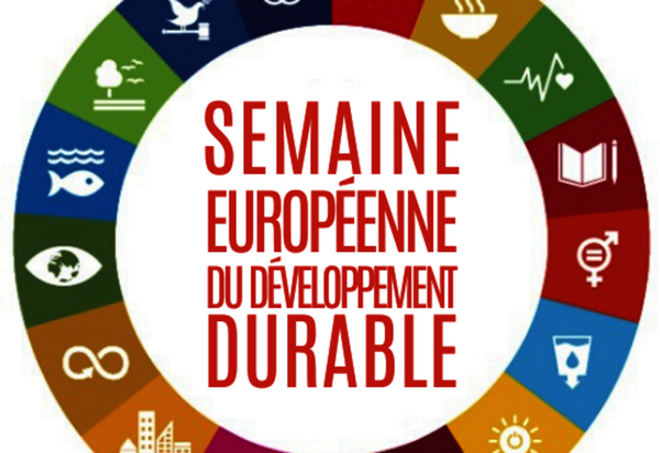 Logo de la Semaine Européenne du Développement Durable entouré des pictogrammes des objectifs de développement de l'ONU