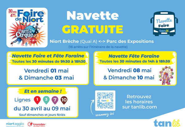 Navette Tanlib gratuite Foire de Niort : trajets Niort Brèche–Parc des Expositions, horaires et lignes 1, 3, 7, 10