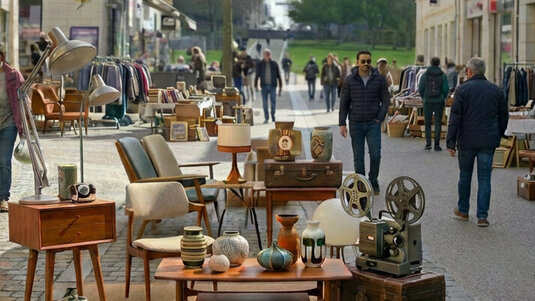 Stands de mobilier vintage, lampes et objets chinés disposés dans une rue piétonne animée de passants