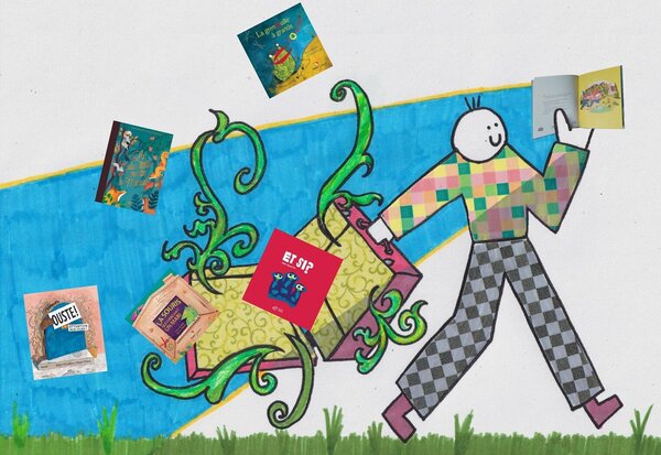Personnage coloré portant une valise ouverte d'où s'envolent plusieurs albums jeunesse