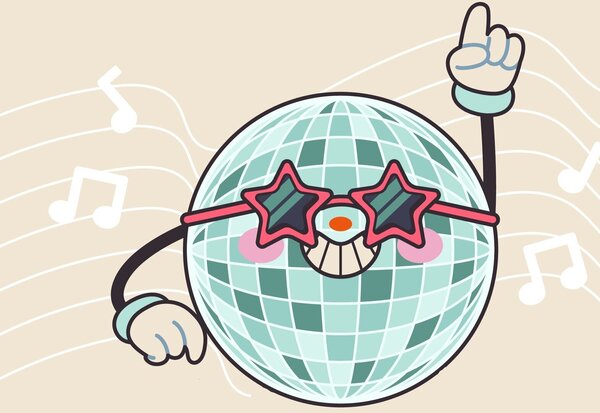 Personnage de boule à facettes souriant avec lunettes étoilées qui danse au son de la musique