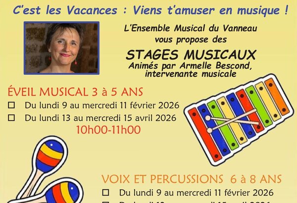 Affiche : Éveil musical 3-5 ans et Voix et percussions 6-8 ans, en février et avril 2026, de 10h à 11h