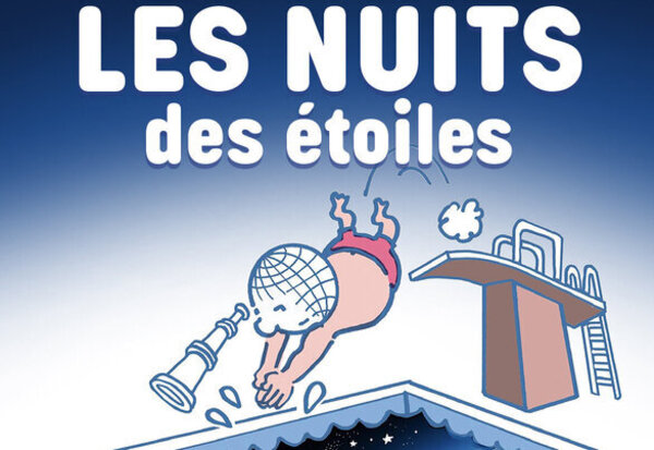 Affiche illustrée : personnage animé à tête de globe plongeant vers un télescope sous un ciel étoilé nocturne