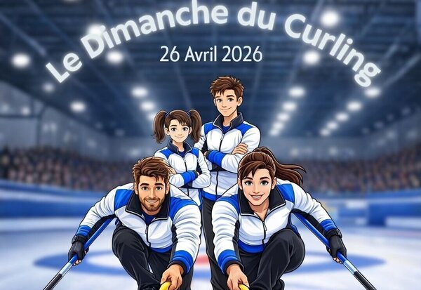 Affiche du tournoi : quatre curlers en tenue bleue et blanche sur une piste de curling, le 26 avril 2026