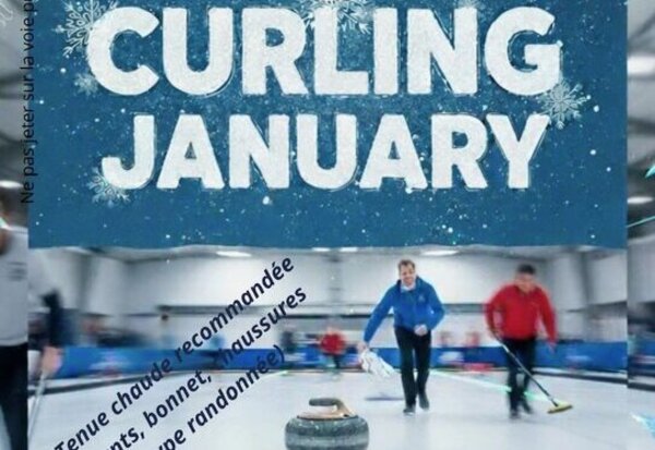 Affiche Curling January de Niort Glace : participants en action sur la piste de glace, tenue chaude recommandée