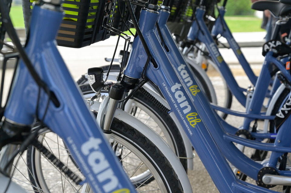 Rangée de vélos TANlib bleus alignés portant l'inscription « Le transport de l'agglo niortaise »